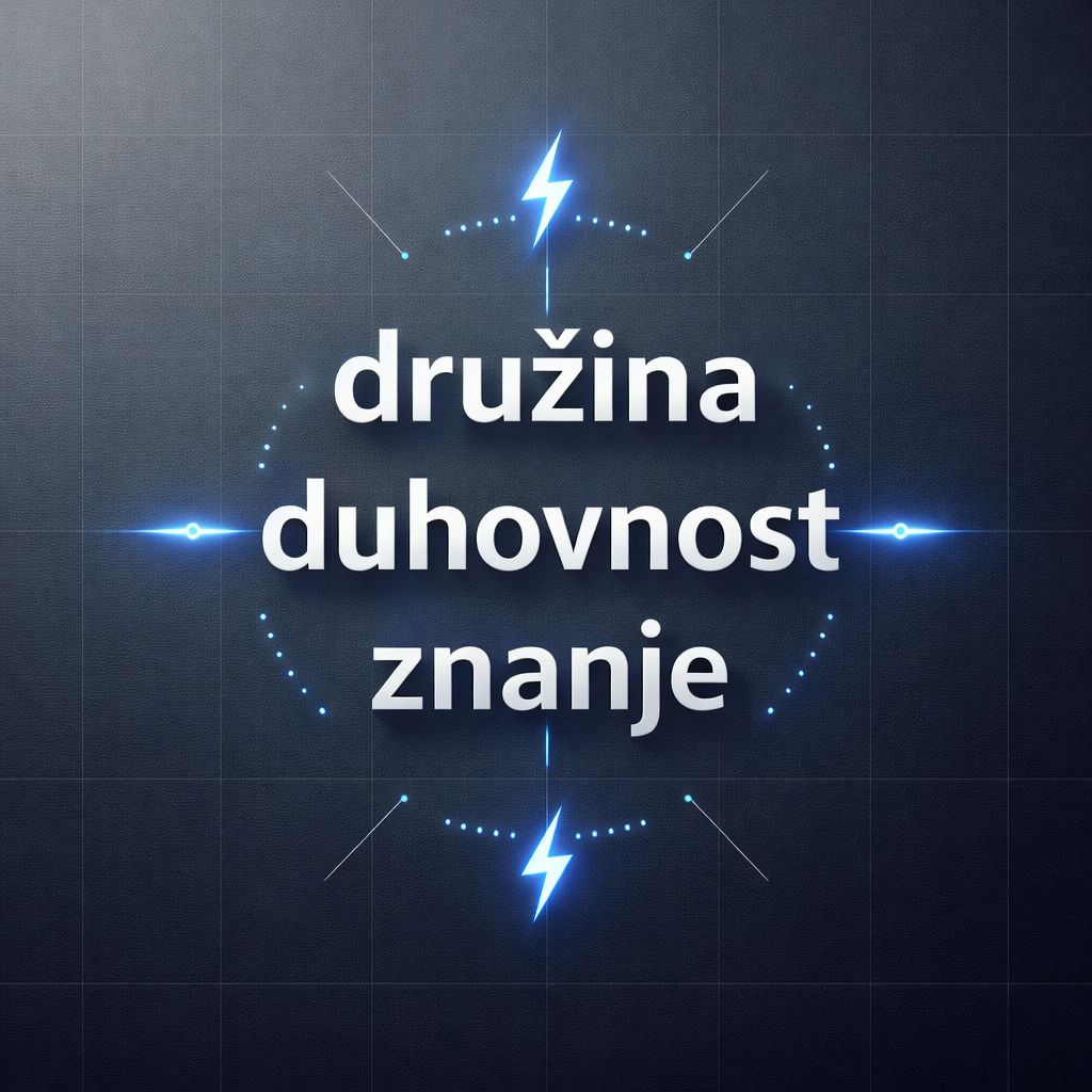 Slovenian words družina, duhovnost, znanje with electric bolt icons around